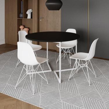 Imagem de Mesa Industrial Jantar Redonda Preta 110Cm Base V Com 4 Cadeiras Eames Brancas Ferro Branco Preto