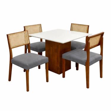Imagem de Mesa de Jantar Dakota 90x90cm Sem Vidro e 4 Cadeiras Grecia em Linho Madeira Cel Móveis Cor Cinamomo Off White com Tecido Cinza