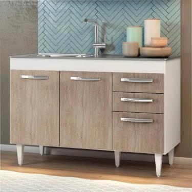 Imagem de Balcão Gabinete Para Pia 120cm Suécia Sem Tampo 3 Portas 2 Gavetas Branco/castanho - Lumil Móveis