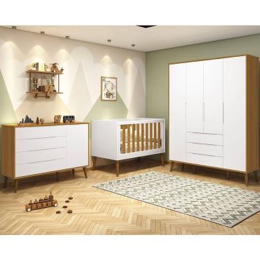 Imagem de Kit Quarto Infantil Elfe Branco Fosco e Savana - Cômoda 4 Gavetas e 1 Porta + Guarda-Roupa + Berço Noah com Pés Retrô em Madeira
