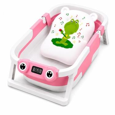 Imagem de Banheira Dobrável para Bebê Menina com Termômetro Compacta Rosa - Gené