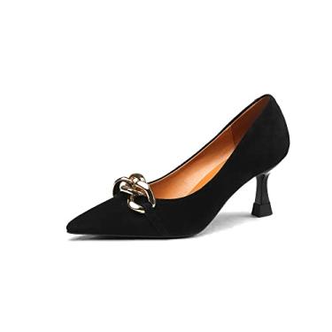 Imagem de TinaCus Sapato feminino de camurça de bico fino feito à mão salto médio elegante com decoração de corrente, Preto, 35
