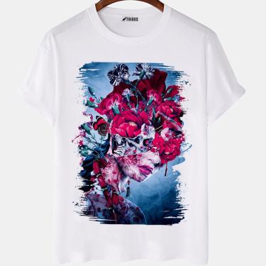 Imagem de Camiseta masculina Mulher Caveira Floral Flores Arte Camisa Blusa Branca Estampada