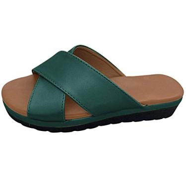 Imagem de Sandálias de verão para mulheres chinelos de praia moda dedo do pé feminino aberto sandálias romanas sapatos grossos cunhas, Verde, 9