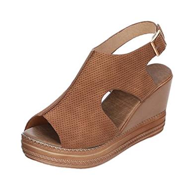 Imagem de Sandálias de moda femininas sapatos casuais anabela senhoras fivela sólida romana sandália feminina plástico tamanho 9, Marrom, 8.5