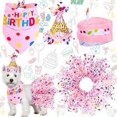 Imagem de 4 peças bandana de aniversário para cães com chapéu e vestido para meninas, itens de festa de aniversário para filhotes, lindo traje de saia tutu rosa para cães pequenos e médios