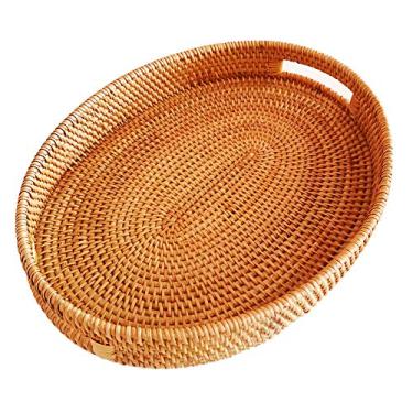 Imagem de i-lan Bandeja oval de vime extragrande para frutas, café da manhã, bebidas, pratos de armazenamento de alimentos, lanche para mesa de centro, bandeja de vime decorativa de 38 cm com alça e parede de 5