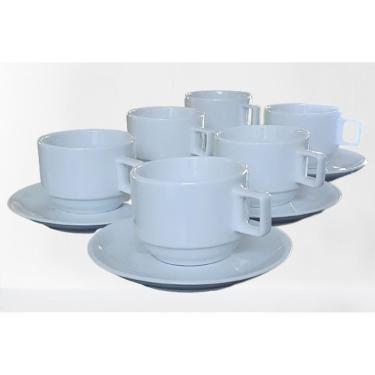 Imagem de Kit Jogo 6 xícaras Café Chá com pires - 200ml Empilháveis - Porcelana branca