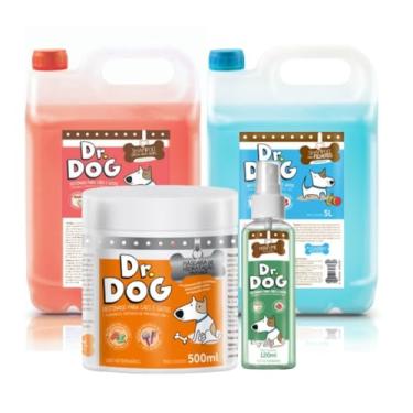 Imagem de Kit Banho e Tosa Pet Shop: Shampoo Pet Neutralizador Hidratante Galão 5L Banho & tosa + Dr. Dog Shampoo Neutro Suave Filhotes Cachorros Gato + Perfume Pet Profissional + Máscara Hidratante