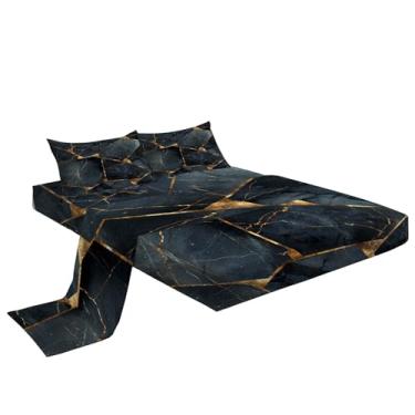 Imagem de Eojctoy Jogo de lençol 3D - Jogo de cama solteiro com 4 peças de mármore preto e dourado reativo - macio, respirável, resistente ao desbotamento - Inclui 1 lençol de cima, 1 lençol com elástico, 2
