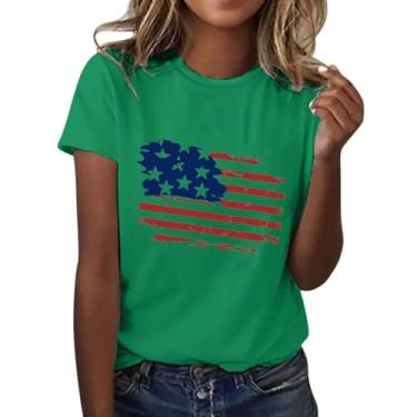 Imagem de Camiseta feminina moderna casual com bandeira do Dia da Independência estampada gola redonda manga curta camiseta xadrez para mulheres, Verde, XXG