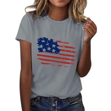Imagem de Camiseta feminina moderna casual com bandeira do Dia da Independência estampada gola redonda manga curta camiseta xadrez para mulheres, Cinza, GG