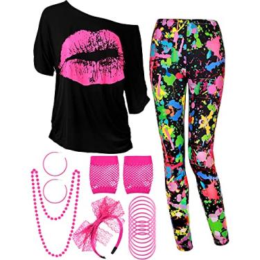 Imagem de Conjunto de fantasia feminina anos 80, camiseta, calça legging geométrica, brinco, colar, luvas, pulseira, Manga curta estampada, 3G