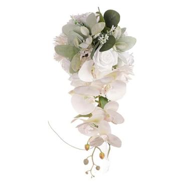 Imagem de Buquê de Lágrimas Noiva Segurando Flores, Buquê de Flores Artificiais Rosas, Buquês de Casamento de Rosas para Noiva, Buquê de Noiva em Cascata para Decoração de Casa de Casamento (NO.167)(White)