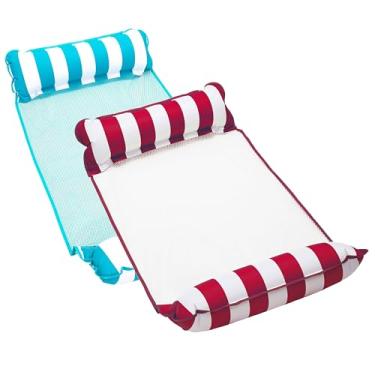 Imagem de Aqua 4 em 1 Monterey rede flutuante para piscina e rede de água, multiuso, boias infláveis para adultos, material de PVC antiaderente patenteado, um azul claro e uma faixa bordô/branca, pacote com 2