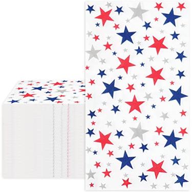 Imagem de Whaline Guardanapos patrióticos para convidados, vermelho, azul, prata, estrela, pacote de papel descartável, 3 camadas, dia da independência, toalha de guardanapo de mão para decoração de mesa de 4