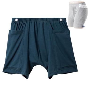 Imagem de WEEOATAR Shorts para cuidados com incontinência, calças de fístula, roupa íntima com cateter, bolsa de urina com bolsos duplos para nefrostomia, Foley, cateteres suprapúbicos e biliares (azul escuro,