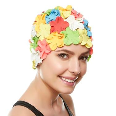 Imagem de Touca de natação de látex - Touca de natação feminina elegante ótima para mulheres, perfeita para manter o cabelo seco - adequada para cabelos longos - estilo vintage de pétalas fluidas -