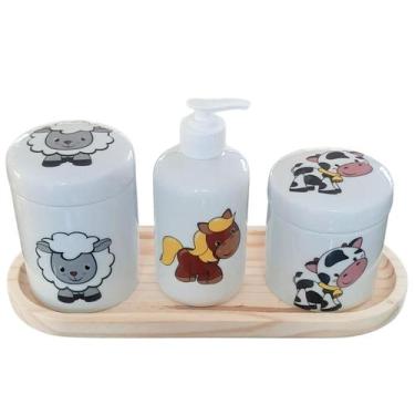 Imagem de Kit higiene bebê 4 peças Fazendinha - Bandeja, potes e porta álcool - 