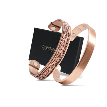Imagem de Pulseiras de cobre para artrite – para homens e mulheres 100% cobre com 6 ímãs poderosos – alívio eficaz e natural para dores nas articulações e artrite conjunto com 2 (incrustações lisas e trançadas), Plain+Inlay, Cobre