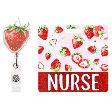 Imagem de Cheerupp Lindo porta-cartão de morango com glitter e carretel de crachá com clipe de jacaré giratório para enfermeira, protetor de crachá de identidade acrílico para enfermagem de frutas de verão,
