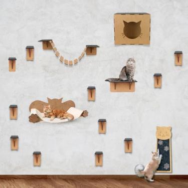 Imagem de Mondo Box Playground Gatos Kit 18 Peças Prateleira Nicho Arranhador Parede Degraus Escadinha Circuito com Carpete Antiderrapante Brinquedo Gato Gatificação