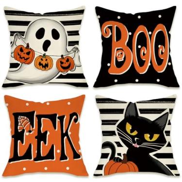 Imagem de Fahrendom Capas de almofada decorativas de gato preto fantasma Halloween 45,7 x 45,7 cm conjunto de 4, assustador EEK Boo Jack O Lantern Pumpkin Alpendre, capa de almofada de sofá com listras