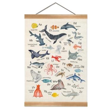 Imagem de ZTGDA Pôster educativo de animais marinhos do alfabeto (30 x 40 cm) – arte de parede Montessori Ocean Creature, tela de linho para pendurar com moldura de madeira maciça, decoração de quarto infantil