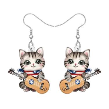 Imagem de DALANE Brincos de gato malhado fofo de acrílico 4 de julho cachecol bandeira americana engraçado brincos patrióticos pendurados gatinho guitarra joias roupas presentes para mulheres gatos mães amantes