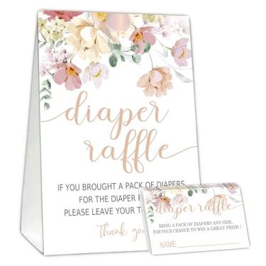 Imagem de Bilhetes de sorteio de fraldas florais para jogo de chá de bebê, 1 placa de pé (12 x 18 cm) e 50 cartões de adivinhação para decoração de festa de chá de bebê