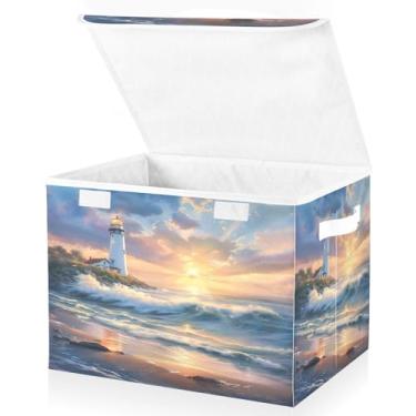 Imagem de senya Grandes caixas de armazenamento com cubos de armazenamento dobráveis de linho caixa organizadora de armário de tecido com tampa flip-top para casa, quarto, escritório, 42 x 32 x 30 cm (cenário à