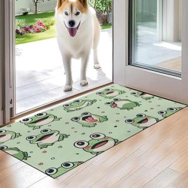 Imagem de VODRM Tapete de porta interior de sapo fofo de desenho animado, adorável tapete verde divertido, 43 x 75 cm, tapete de animal de borracha antiderrapante para varanda, quarto, cozinha, capachos