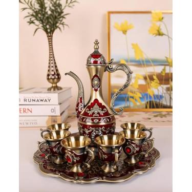 Imagem de Conjunto de xícaras de café turco vintage com bandeja e 6 xícaras retrô conjunto de panelas de café requintado conjunto de pote de vinho decorativo vintage conjunto de serviço de chá para decoração de