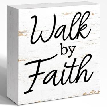 Imagem de WUZYOU Placa Walk By Faith, placa de caixa de madeira motivacional religiosa rústica, prateleiras de mesa cristãs decoração de parede para sala de estar quarto 12 x 12 cm