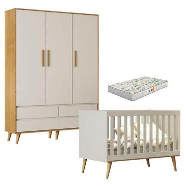 Imagem de Berço Americano Ludmila E Guarda Roupa Infantil Lorena 3 Portas Off White Bétula Com Colchão Gazin - Carolina Baby