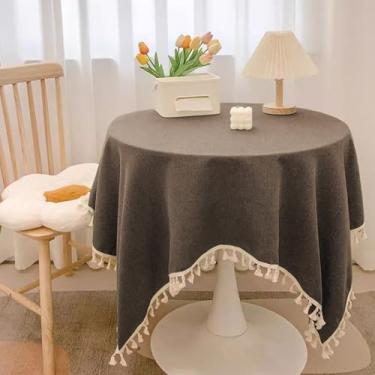 Imagem de KAIJIE Toalha de mesa redonda de algodão e linho com borlas tecido lavável – para mesa de buffet, festas de fim de ano, jantar, casamento e chá de bebê, diâmetro redondo 87"/220 cm café profundo