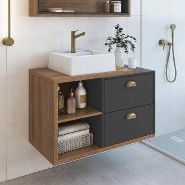 Imagem de Gabinete de Banheiro Suspenso 80cm com 2 Gavetas e Cuba Helena Mel/Grafite