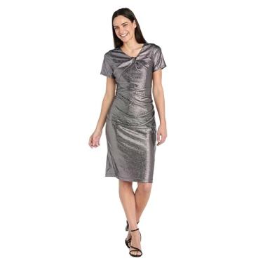 Imagem de Vestido de coquetel com gola de nó brilhante com mangas curtas - Traje de festa chique metálico na altura do joelho, Preto/prata, 40