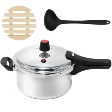 Imagem de Panela de Pressão 3 Litros Antiaderente Fechamento Externo + Descanso Redondo + Concha de Silicone Preta