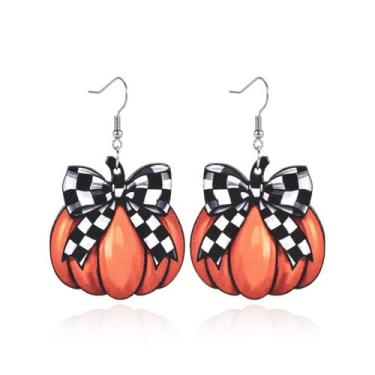 Imagem de Brincos de arco de abóbora de Halloween com estampa de leopardo, brincos de outono para mulheres, acessórios de bijuteria de fantasia de outono, Metal, Sem pedra preciosa