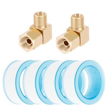 Imagem de 2 peças adaptador de gás GLP Cotovelo de cobre 90 graus 1/4 polegada rosca esquerda conector de mangueira de gás encaixe com 4 fitas cruas para panelas de acampamento (Bronze, 1 conjunto)