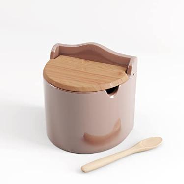 Imagem de WOLFF - Saleiro de Cerâmica com Tampa e Colher de Bambu Areia 10cm x 9,5cm x 9,5cm