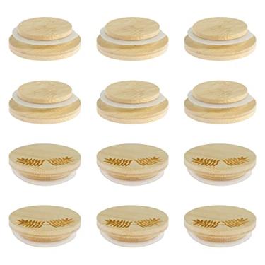 Imagem de 12 peças de tampas de bambu de 50 mm reutilizáveis com anéis de vedação de silicone, tampa de boca larga à prova de vazamento, tampas herméticas de armazenamento para latas de iogurte
