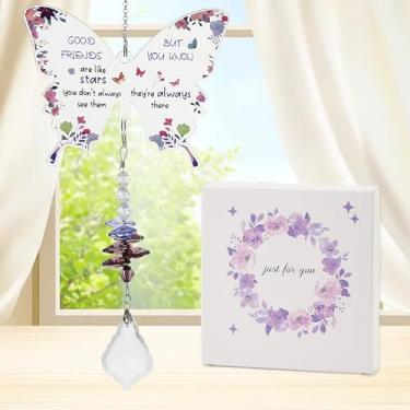 Imagem de AuMoHall Pingente de borboleta para janela, enfeite acrílico de borboleta de cristal para decoração de casa, ornamento de borboletas penduradas com efeitos de arco-íris com citação de amizade para