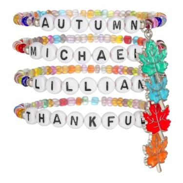 Imagem de Hremhoo Conjunto de pulseiras femininas empilháveis de Ação de Graças com contas coloridas, anel de borracha, disco, folha de bordo, pingente de folha de bordo, pulseiras elásticas de outono