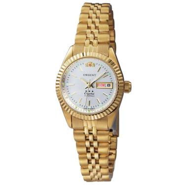 Imagem de Relógio de Pulso Orient Feminino Pequeno Redondo Automático 3 Estrelas Aço Inóx Prova Dágua Casual Calendário Duplo Dourado 559EB1NH B1KX