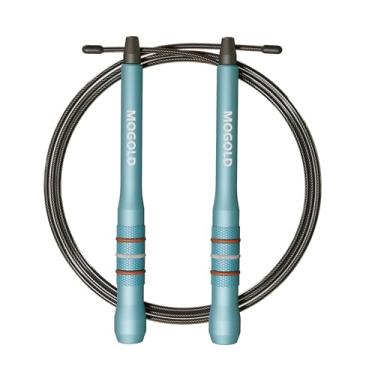 Imagem de MOGOLD Corda de salto rápido, alças de liga de alumínio turquesa com fio de aço PVC, cabo de 17 cm, corda ajustável de 118 polegadas, rotação de 360 graus, aderência antiderrapante para CrossFit