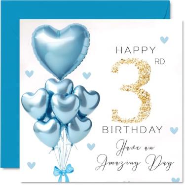 Imagem de Stuff4 Cartões de aniversário de 3 anos para meninos - balões azuis com glitter - Cartão de feliz aniversário para menino de 3 anos, filho, irmão, neto, primo, 14 cm, cartões comemorativos de