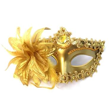 Imagem de MYMENU Máscara veneziana feminina de strass brilhante para fantasia de Halloween, cosplay, festa, baile de formatura, com decoração de flores (ouro)