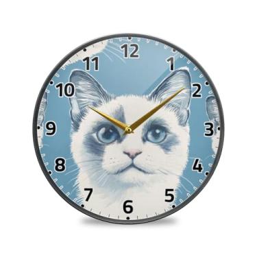 Imagem de WELLDAY Relógio de parede sem tique-taque de 25,4 cm - lindo gato azul operado por bateria relógio redondo silencioso de quartzo para casa/escritório/cozinha/sala de aula